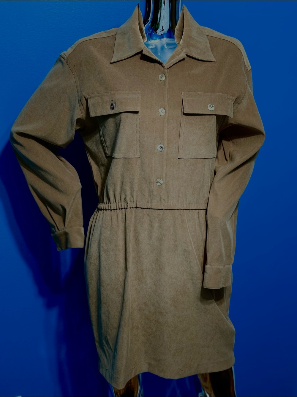 Bloomingdale's Tan Suede Shirt Dress with Utility Pockets